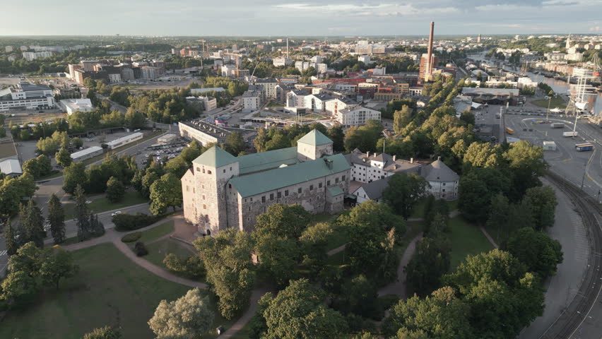 Turku castle, a medieval stone structure situatet near the river Aura in Turku, Finland. Aerial shot.