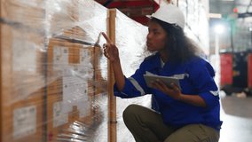 Young black woman warehouse workers holding digital tablet checking inventory management packaging boxes. Afro woman staff wearing vest and safety helmet and sitting count the box at storehouse - Powered by Shutterstock - Get 15% off with code: PIKWIZARD15