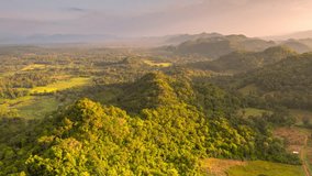 4k motion hyperlapse video aerial view Beautiful morning scenery, golden light, sunrise, high mountains, Pang Puei, Mae Moh, Lampang, Thailand.