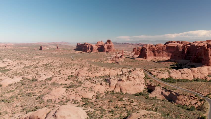 Aerial panoramic view of Arches National Park landscape, Utah. Drone point of view