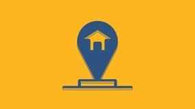 Blue Map pointer with house icon isolated on orange background. Home location marker symbol. 4K Video motion graphic animation.
