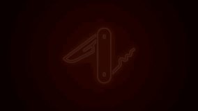 Glowing neon line Swiss army knife icon isolated on black background. Multi-tool, multipurpose penknife. Multifunctional tool. 4K Video motion graphic animation.