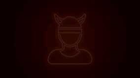 Glowing neon line Viking head icon isolated on black background. 4K Video motion graphic animation.
