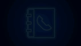 Glowing neon line Phone book icon isolated on black background. Address book. Telephone directory. 4K Video motion graphic animation.
