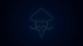 Glowing neon line Asian or Chinese conical straw hat icon isolated on black background. Chinese man. 4K Video motion graphic animation.