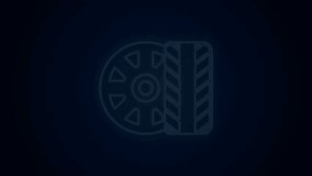 Glowing neon line Car tire wheel icon isolated on black background. 4K Video motion graphic animation.