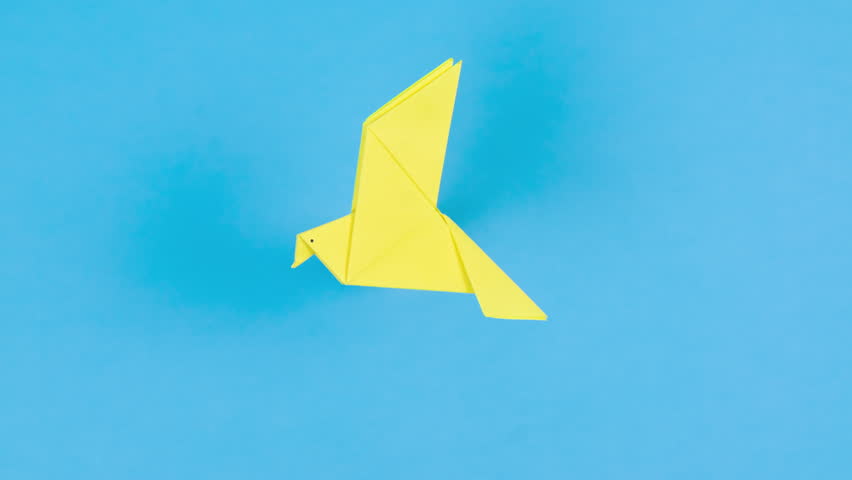 Yellow paper origami dove flies flapping its wings. Blue background. Symbol of peace. Concept of help, support and peace for Ukraine in fight against Russian aggression. Looped stop motion animation. Royalty-Free Stock Footage #1105418771