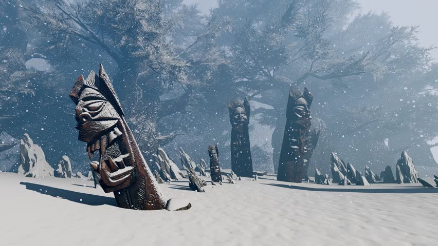 Wooden pagan idols stand in a dark forest