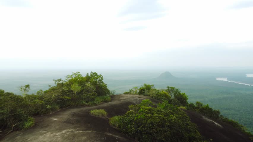 Wide view of the plain jungle and Cerro Diablo from the top of Cerro Mavicure monolithic mountain near native communities of El Remanso and El Venado, Guainía, Colombia Royalty-Free Stock Footage #1105422447