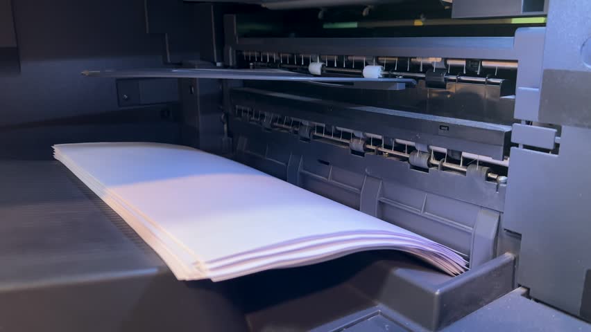 Office printer quickly prints information on paper close-up Royalty-Free Stock Footage #1105423873