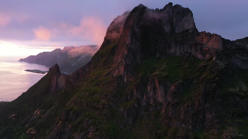Sunset over Fjord and Mountain on Senja Island in Norway, aerial view from drone | Shutterstock HD Video #1105426829