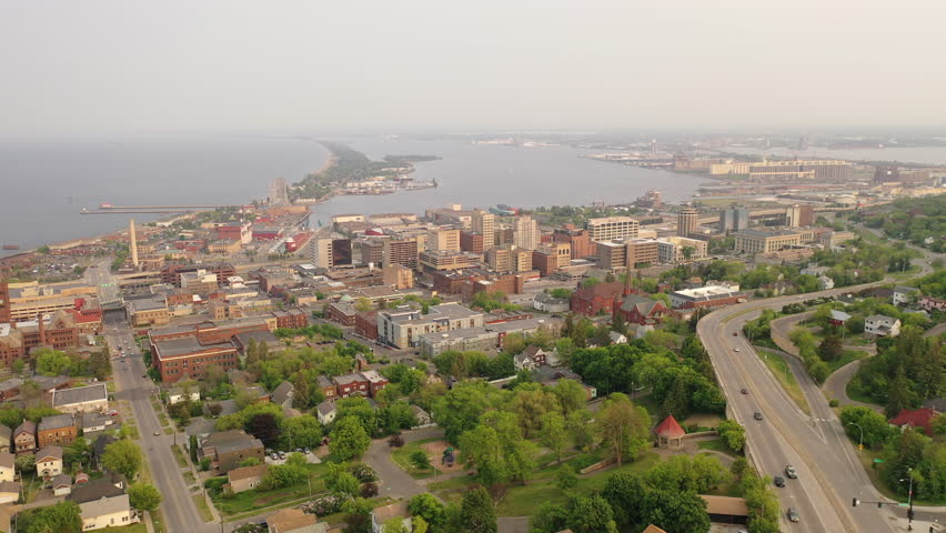 Aerial view of Downtown Duluth, Minnesota, United States. Cityscape, skyline. Spring Summer, sunset