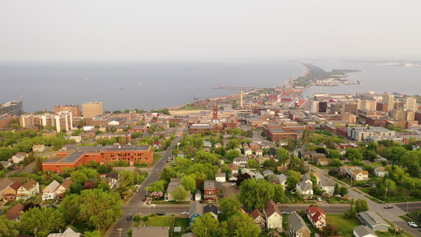 Aerial view of Downtown Duluth, Minnesota, United States. Cityscape, skyline. Spring Summer, sunset