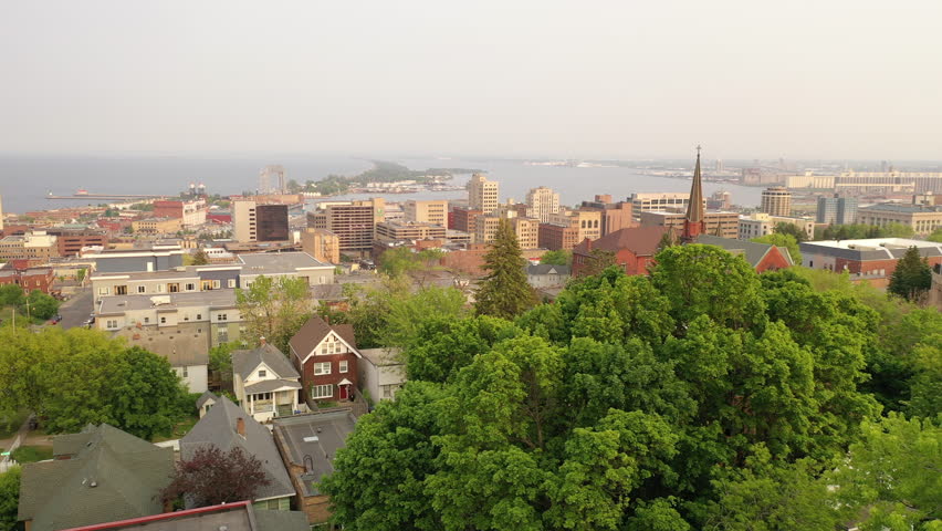 Aerial view of Downtown Duluth, Minnesota, United States. Cityscape, skyline. Spring Summer, sunset