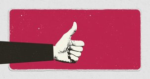 Hand showing thumb up gesture on grunge background. Motion design fun animation. Art collage, magazine style.