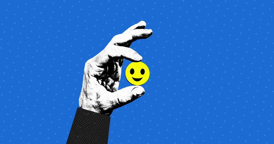 Hand holds a smile face on a grand background. Motion design fun animation. Art collage, magazine style. Royalty-Free Stock Footage #1105432037