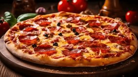 Pepperoni Pizza with Mozzarella cheese, salami, Tomato sauce, pepper, Flavors. Italian pizza on wooden table establishment. Video Animation