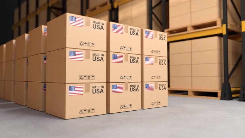 Products made in USA, cardboard boxes in the warehouse.