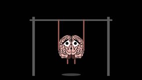 This is a motion graphic animation video of a cartoon human brain doing pull-ups exercise, on alpha channel background.