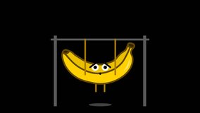 This is a motion graphic animation video of a cartoon banana fruit doing pull-ups exercise, on alpha channel background.
