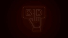 Glowing neon line Bid icon isolated on black background. Auction bidding. Sale and buyers. 4K Video motion graphic animation.