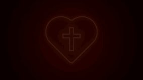 Glowing neon line Christian cross in heart icon isolated on black background. Happy Easter. 4K Video motion graphic animation.