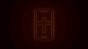 Glowing neon line Christian cross on mobile phone icon isolated on black background. Church cross. 4K Video motion graphic animation.