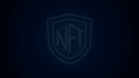 Glowing neon line NFT shield icon isolated on black background. Non fungible token. Digital crypto art concept. 4K Video motion graphic animation.