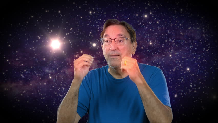 A man gives the mind blown meme gesture. Space background.  	 Royalty-Free Stock Footage #1105455297