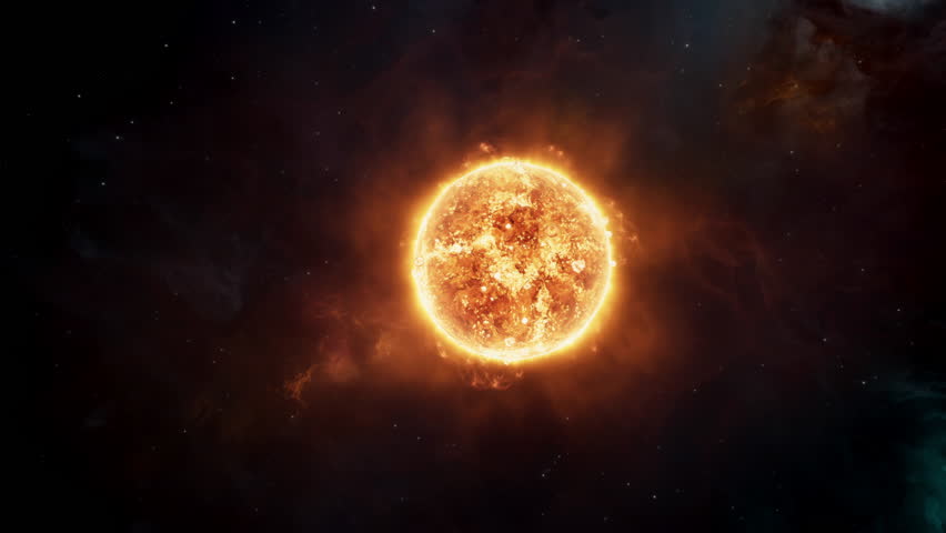 Star of our solar system 3D animation. Camera orbits, revealing nebula gases erupting from the Sun's surface. Solar flares and coronal mass ejections unleash a torrent of searing hot gases into space. Royalty-Free Stock Footage #1105455381