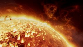 Star of our solar system 3D animation. Camera orbits, revealing nebula gases erupting from the Sun's surface. Solar flares and coronal mass ejections unleash a torrent of searing hot gases into space. - Powered by Shutterstock - Get 15% off with code: PIKWIZARD15
