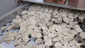 Close shot of a einkorn chips coming out of a machine