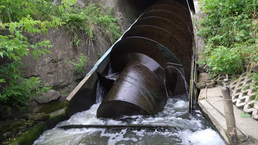 Powerfull green hydro water turbine screw on river. This spiral electric generator is generating clean renewable energy electricity. Just a hydroelectric.
 Royalty-Free Stock Footage #1105462241