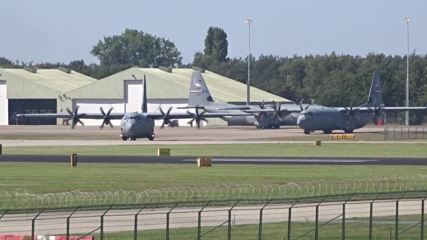 Netherlands - March 8 2023:American Military Aircraft Taxiing to the runway for take off on a mission (Lockheed C-130 Hercules USAF US air force)
