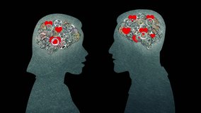 Falling in love man and woman cogs gears thinking heart. Wedding marry me wedlock
Vintage gears cog wheels rotating inside of heads of man and woman. Thinking, love hearts. with alpha matte - Powered by Shutterstock - Get 15% off with code: PIKWIZARD15