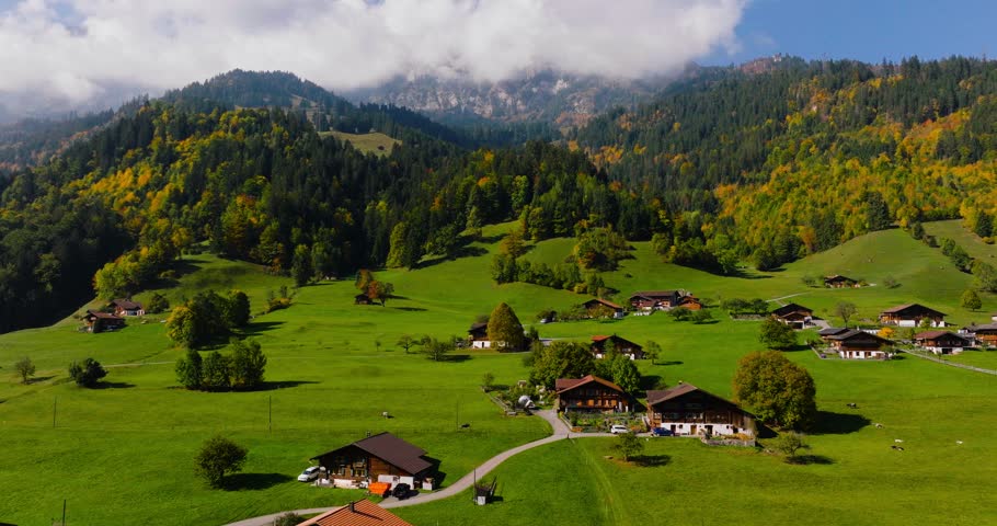 Aerial view of the beautiful Swiss nature and village in Switzerland Royalty-Free Stock Footage #1105469877