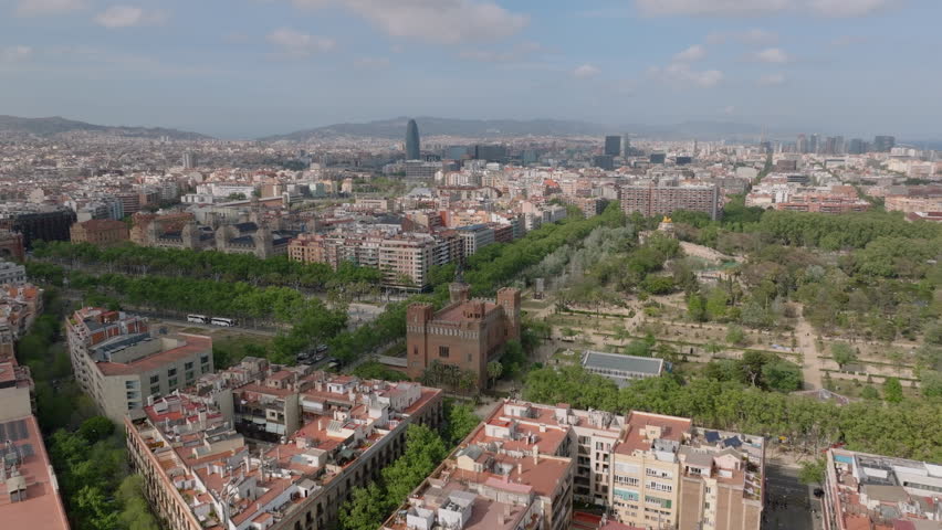 Fly over Castell dels Tres Dragons. aerial view of metropolis with park, gardens, landmarks and town development. Barcelona, Spain