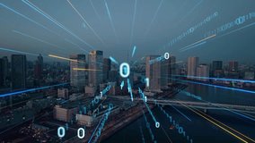 Modern cityscape and digital network concept. Telecommunication. IoT (Internet of Things). 5G. Smart city. Digital transformation. Composite visual with a drone point of view. Mixed media. - Powered by Shutterstock - Get 15% off with code: PIKWIZARD15