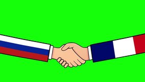Agreement between Russia and France politics Animation with country flags. Shake hands Cartoon. Global Business handshake concept. Chroma key,  4K Video Loop.