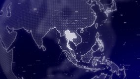A cinematic video background showcases a digital globe rotating, zooming in on Thailand country.Data analysis Technology Globe rotating on Thailand Country data analysis technological background