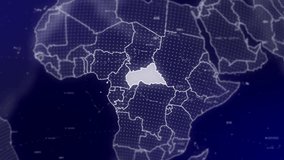 A cinematic video showcases a digital globe rotating, zooming in on Central African Republic. Data analysis Technology Globe rotating on Central African Republic data analysis technological background