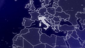 A captivating cinematic video background showcases a digital globe rotating, zooming in on Italy | A Digital globe rotating in on Italy country commercial video background in 4K | Europe