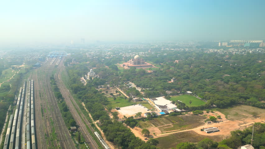 Delhi: Aerial view of capital city of India, famous landmark Humayun’s Tomb - landscape panorama of South Asia from above