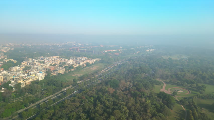 Delhi: Aerial view of capital city of India, famous landmark Red Fort (Lal Qila) - landscape panorama of South Asia from above