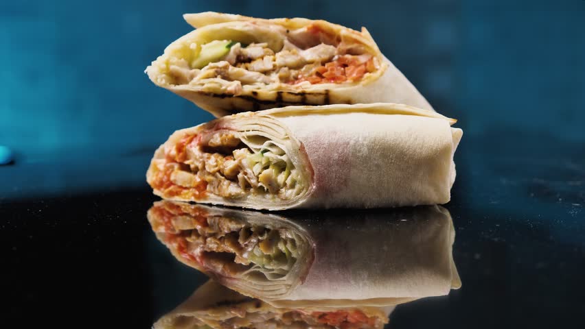 Close-up of shawarma on a black mirrored surface. Shawarma cut in two. You can see what it's made of. Meat, tomatoes, cucumbers, white and red sauce. Camera rotates around. Parallax effect. Fast food Royalty-Free Stock Footage #1105487375