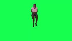 A fat black woman in a pink dress and gray shorts is running her head suddenly hits the board from the opposite angle in the green screen