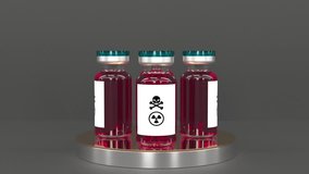 Ampoules with poison red liquid rotate on the platform intro able to loop seamless 4k. 3D Illustration