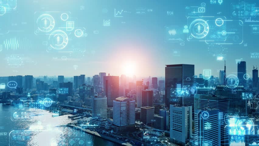 Modern cityscape and digital technology concept. Smart city. Digital transformation. Composite visual with a drone point of view. Mixed media. - Powered by Shutterstock - Get 15% off with code: PIKWIZARD15