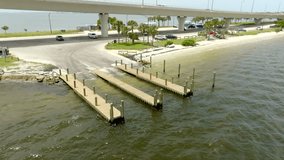 Aerial video boat ramp at Stuart Causeway Park Florida USA