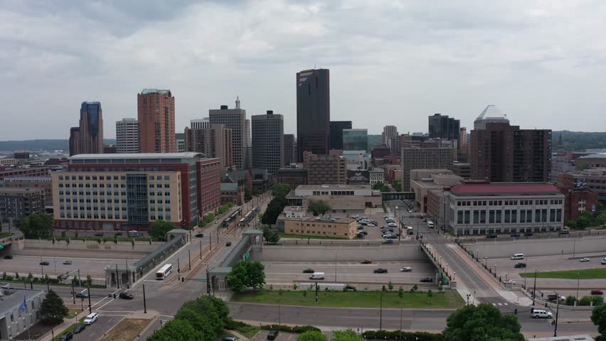 Aerial wide dolly shot of downtown Saint Paul, Minnesota. 4K